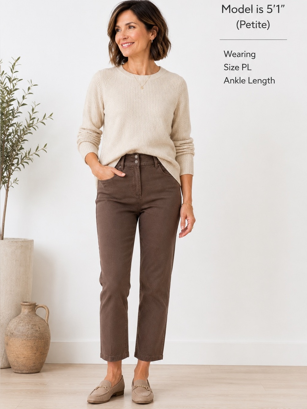 Eileen Fisher Petite Brown Stretch Straight Leg Ankle Pants PL